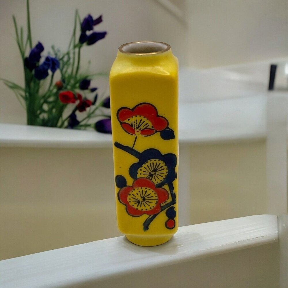 Antique Chinese Porcelain Famille Rose Miniature Vase 3" Tall Yellow Floral Mini